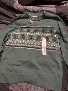 jumping beans Green Fair Isle Crewneck Sweater with Maroon Accents